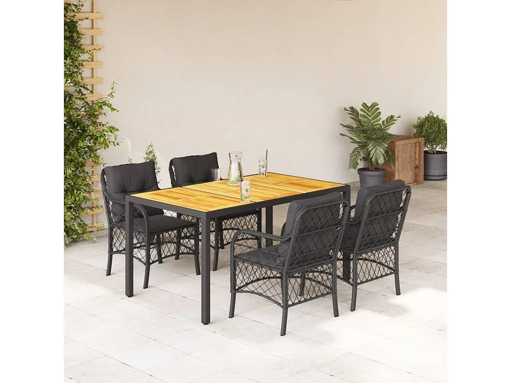 Set de muebles jardín 5 piezas con cojines ratán sintético negro