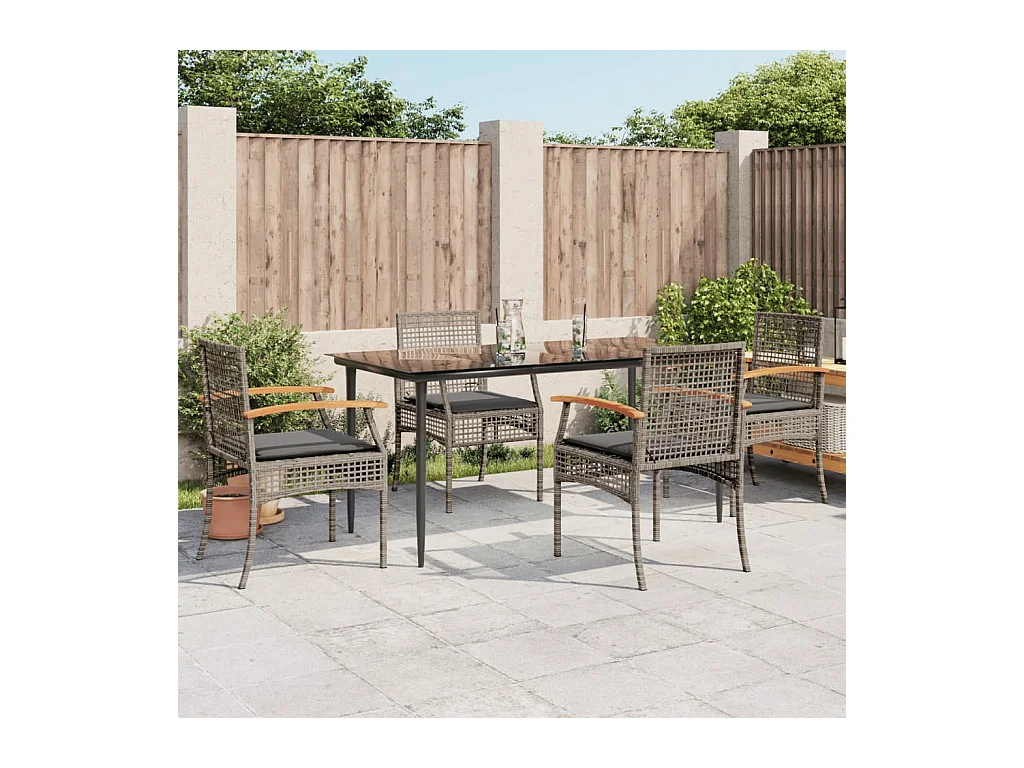 Set comedor de jardín 5 piezas con cojines ratán sintético gris