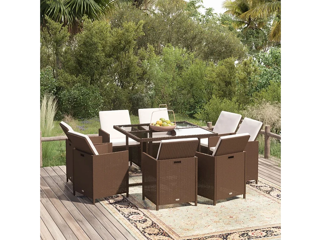 Meubles à dîner de jardin et coussins 9 pièces Poly rotin Marron