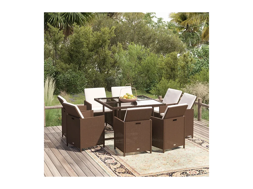 Meubles à dîner de jardin et coussins 9 pièces Poly rotin Marron