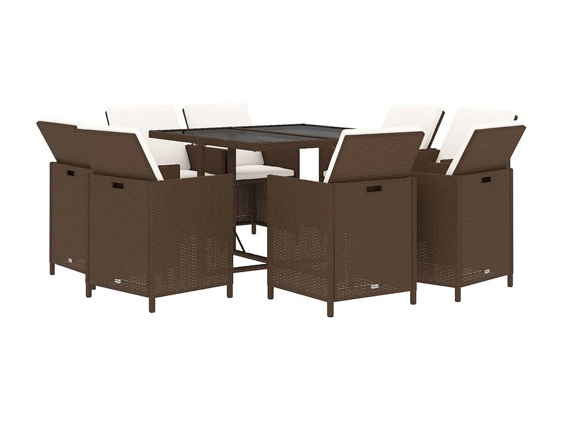 Meubles à dîner de jardin et coussins 9 pièces Poly rotin Marron