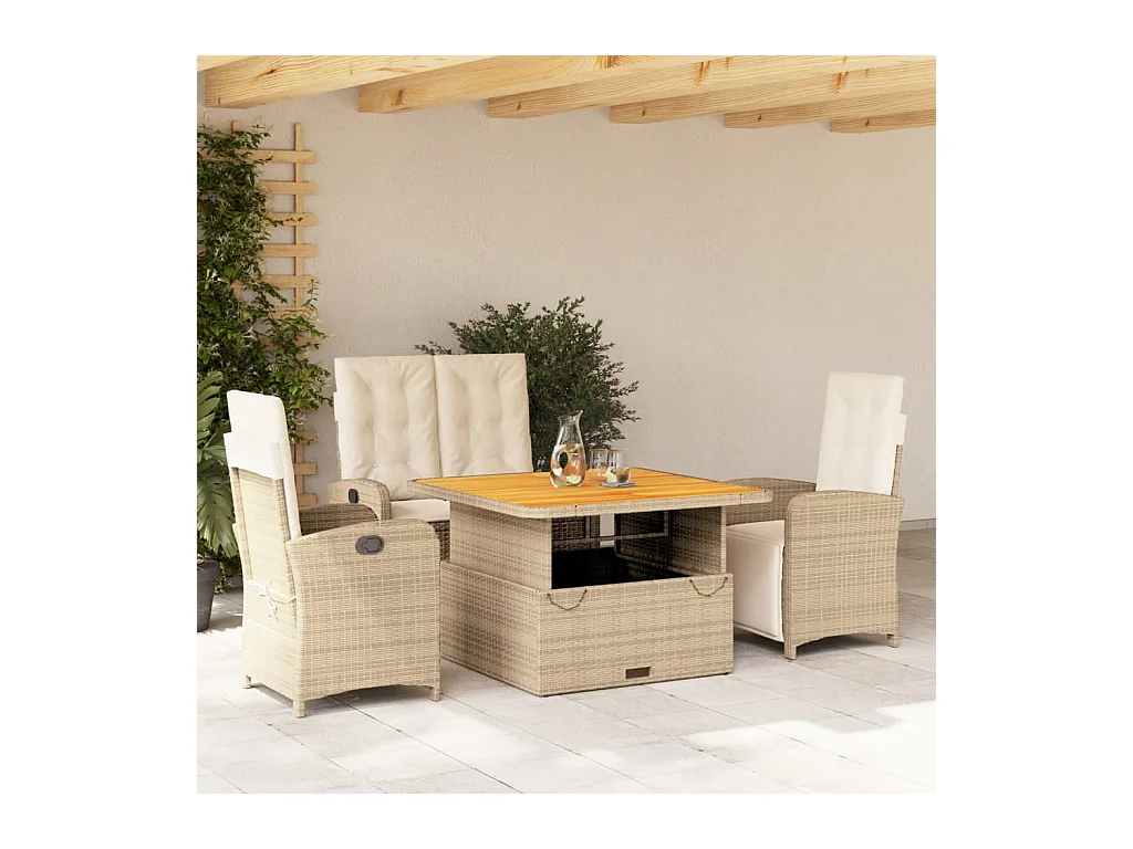 Set de comedor jardín con cojines 4 piezas ratán sintético beige