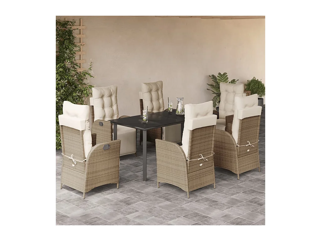 Ensemble à manger de jardin et coussins 7 pièces beige poly rotin