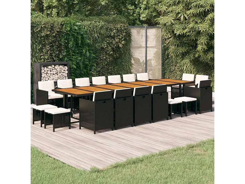 Set de comedor jardín 19 piezas con cojines ratán sintético negro