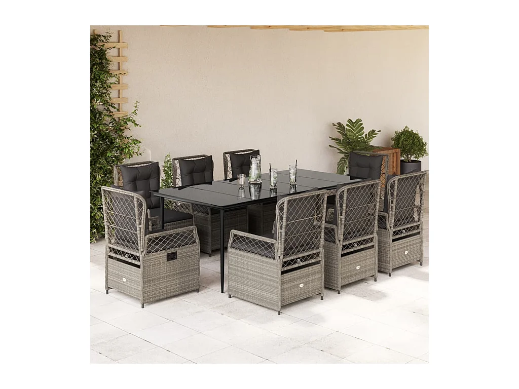 Ensemble à manger de jardin et coussins 9 pièces gris clair rotin