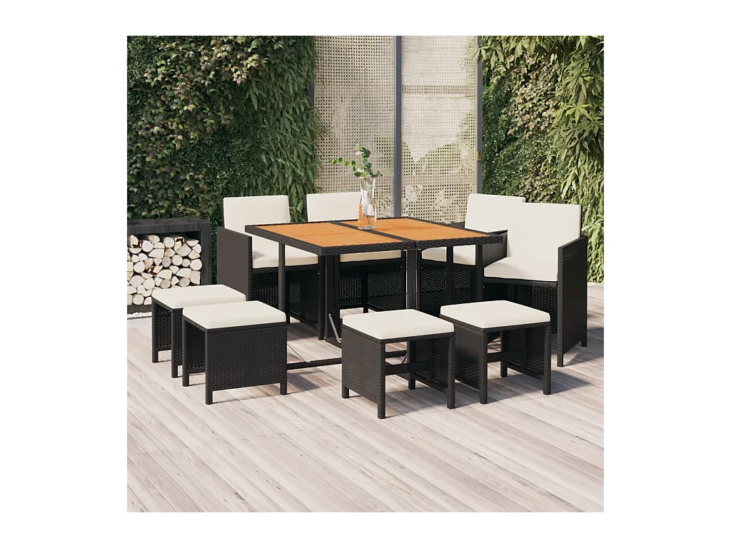Mobilier à dîner de jardin et coussins 9 pièces Résine tressée Noir