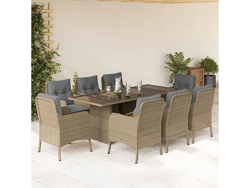 9 peças conjunto de jantar p/ jardim com almofadões vime PE bege