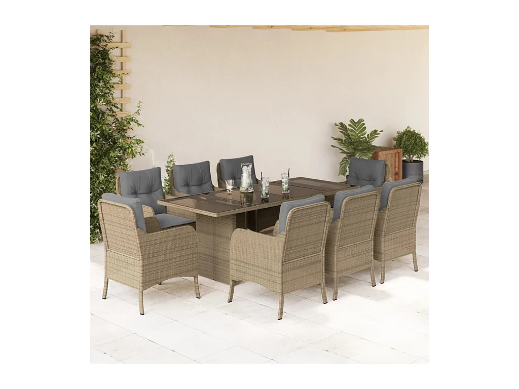 Ensemble à manger de jardin et coussins 9 pièces beige Poly rotin