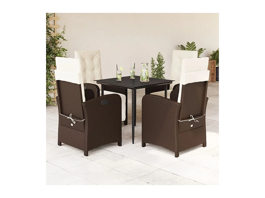 Ensemble à manger de jardin 5 pièces et coussins marron poly rotin
