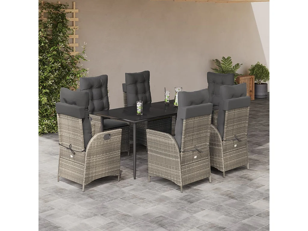 Ensemble à manger de jardin et coussins 7 pièces gris clair rotin