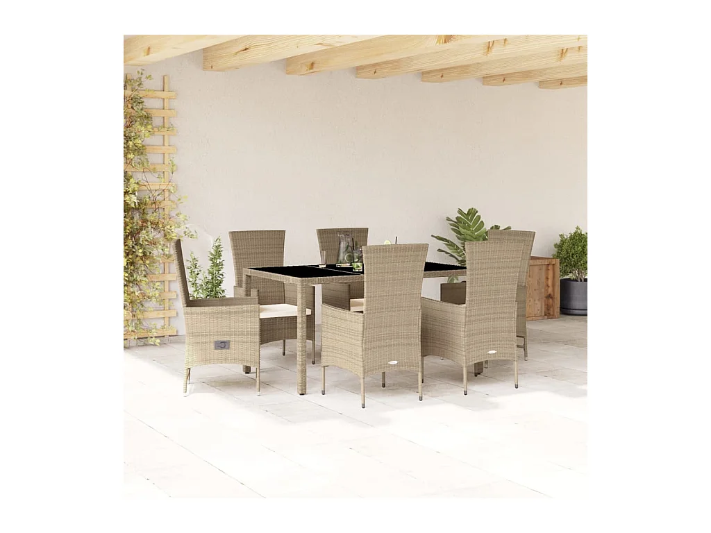 Ensemble à manger de jardin et coussins 7 pièces beige poly rotin