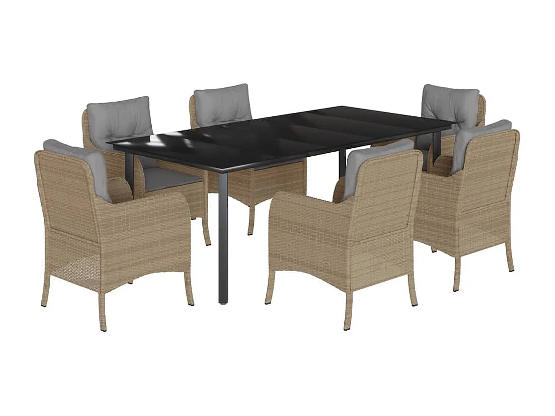 Ensemble à manger de jardin et coussins 7 pièces beige poly rotin