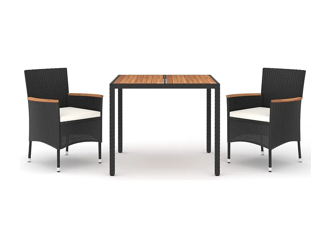 Set comedor de jardín 3 piezas con cojines ratán sintético negro