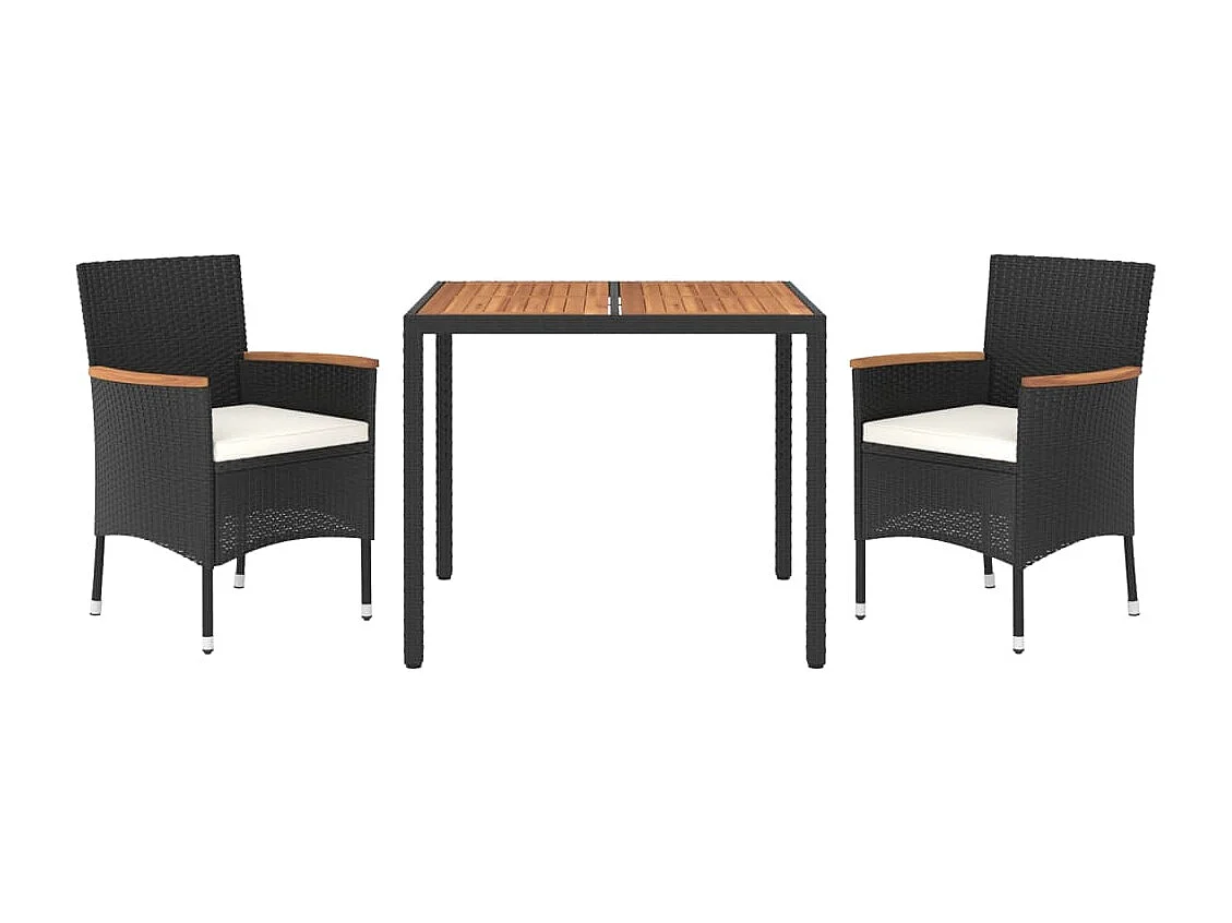 Set comedor de jardín 3 piezas con cojines ratán sintético negro