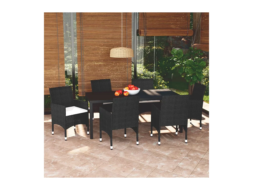 Mobilier à dîner de jardin et coussins 7 pièces Résine tressée Noir