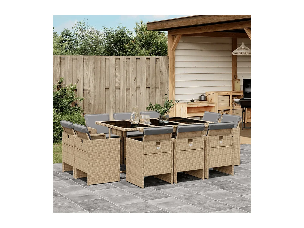 Set comedor de jardín 11 piezas con cojines ratán sintético beige
