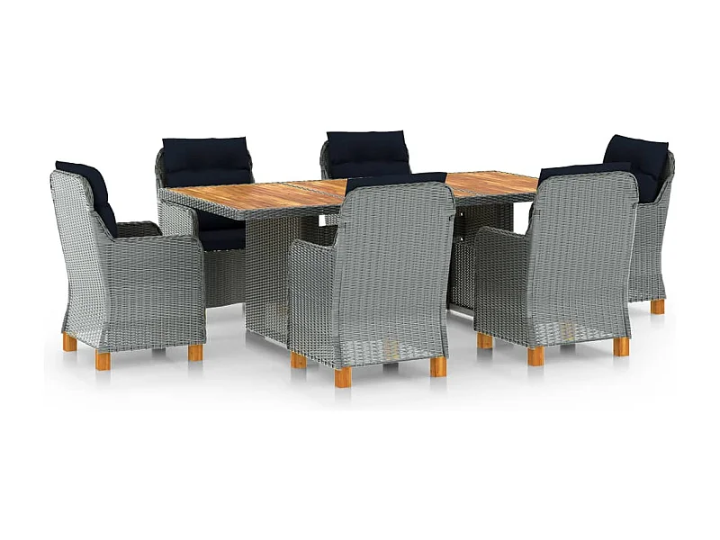 Mobilier à dîner 7 pièces avec coussins Résine tressée Gris clair