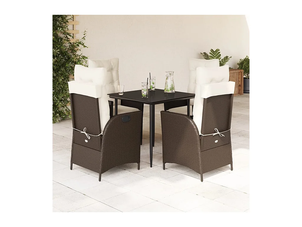 Ensemble à manger de jardin 5 pièces et coussins marron poly rotin