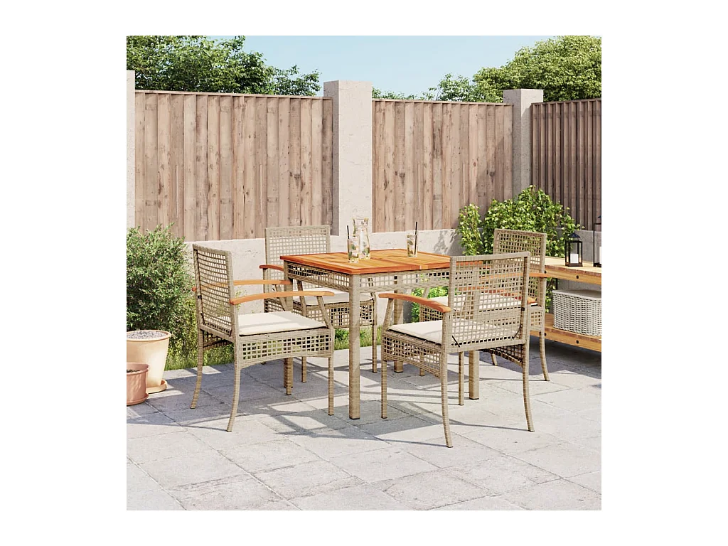 Ensemble à manger de jardin avec coussins 5 pièces Beige poly rotin