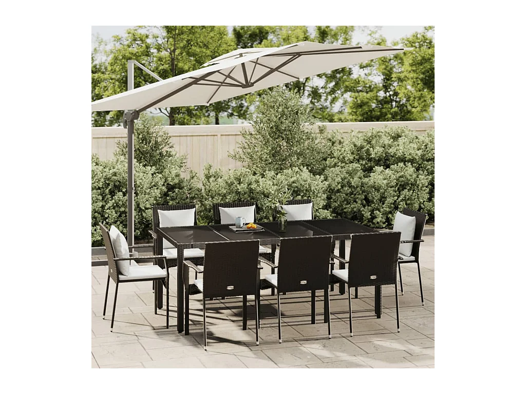 Mobilier à dîner de jardin 9 pièces et coussins noir résine tressée