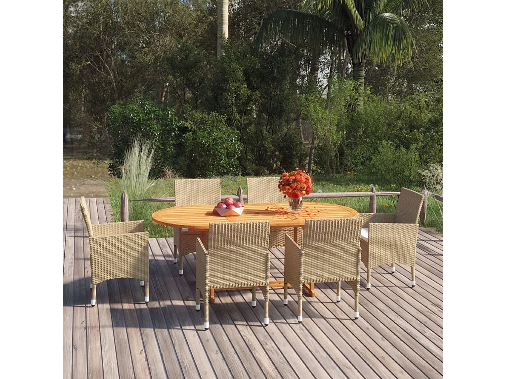 Ensemble de salle à manger de jardin 7 pièces Résine tressée Beige
