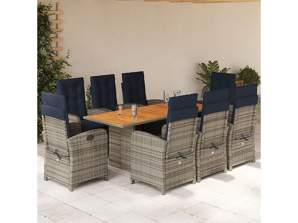 Ensemble à manger de jardin et coussins 9 pièces beige Poly rotin