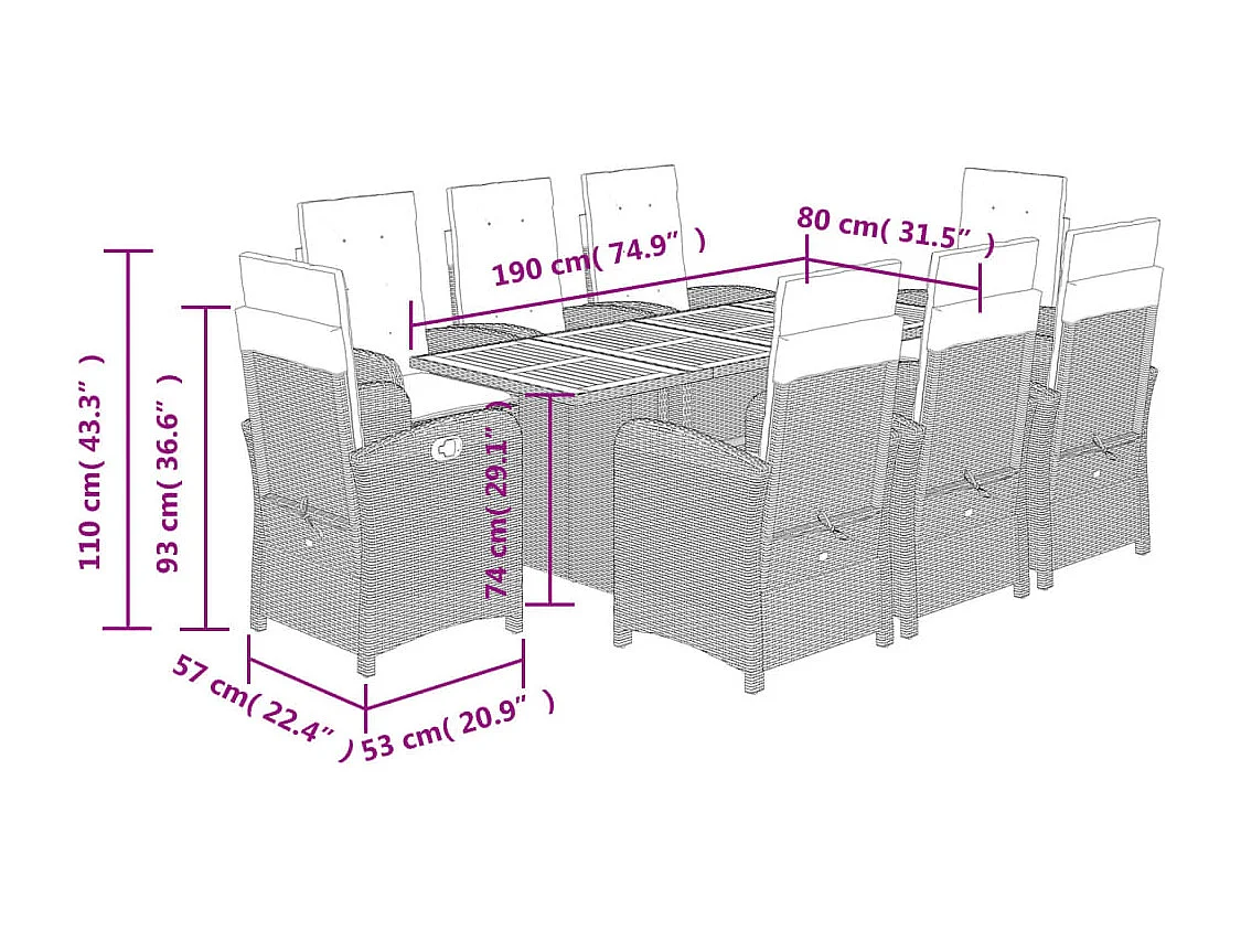 Ensemble à manger de jardin et coussins 9 pièces beige Poly rotin