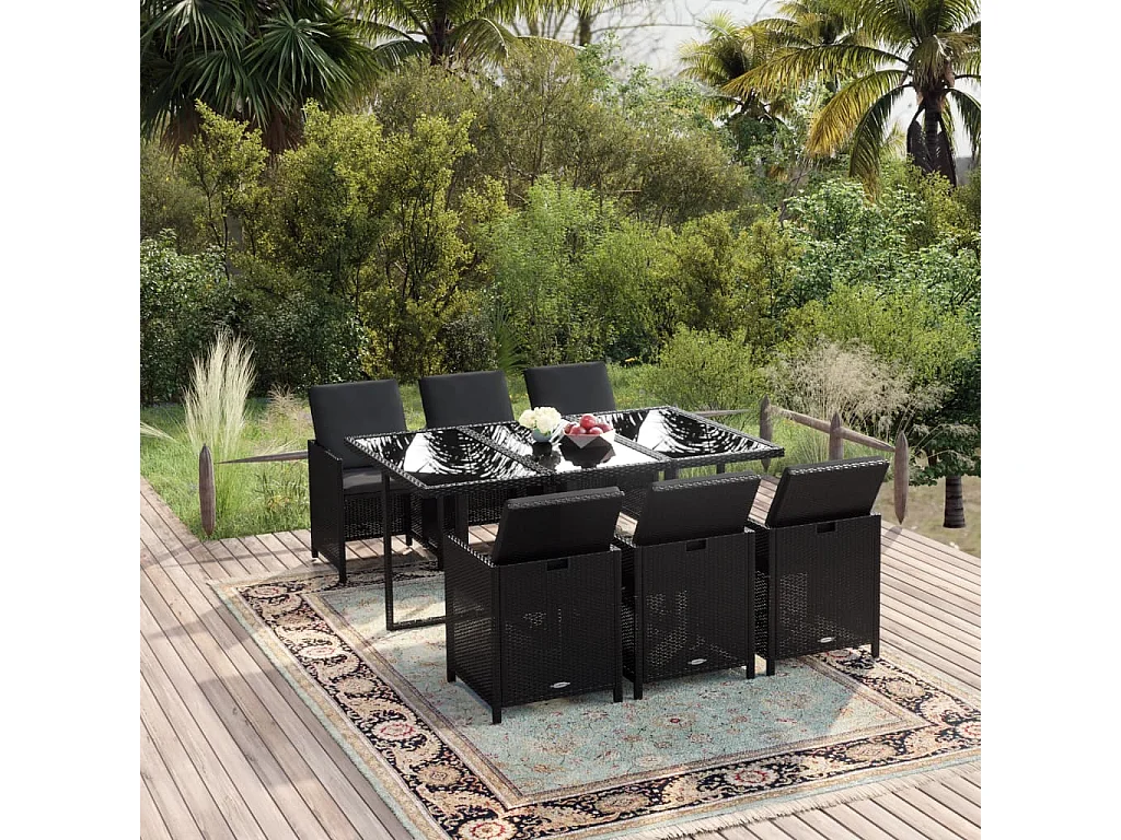 Juego comedor jardín 7 piezas con cojines ratán sintético negro