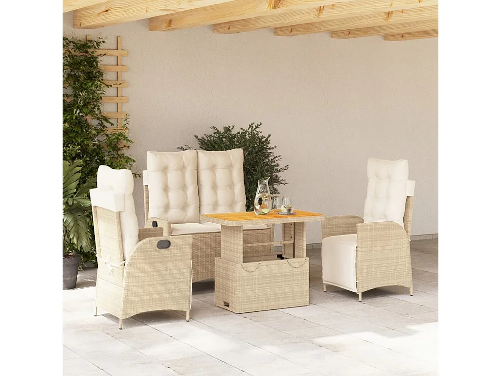 Set de comedor jardín con cojines 4 piezas ratán sintético beige