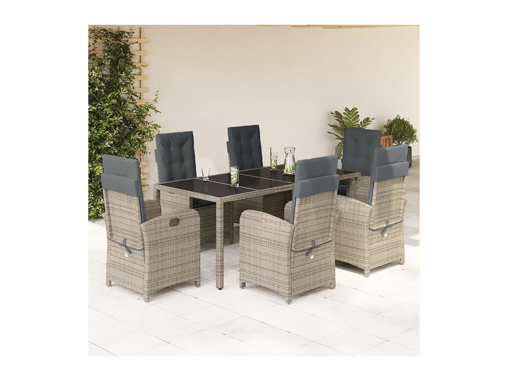 Ensemble à manger de jardin et coussins 7 pièces gris rotin