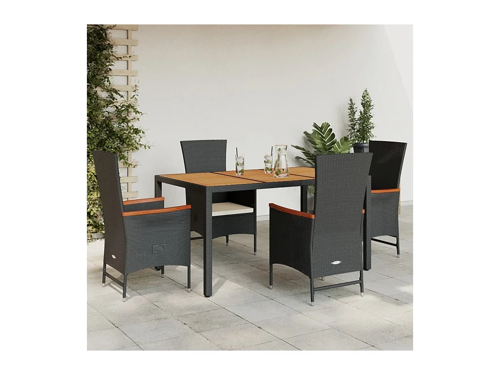 Set de muebles jardín 5 piezas con cojines ratán sintético negro