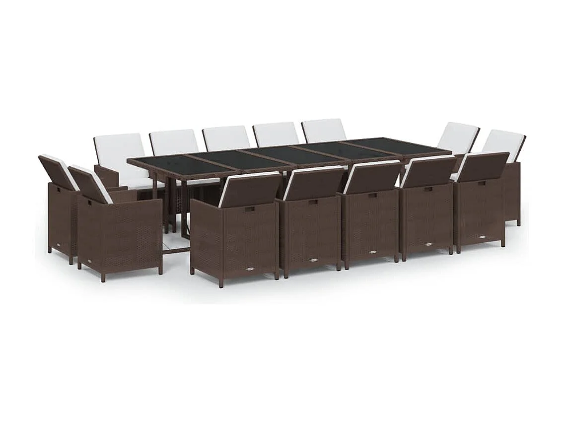 Ensemble à dîner de jardin coussins 15 pièces Résine tressée Marron