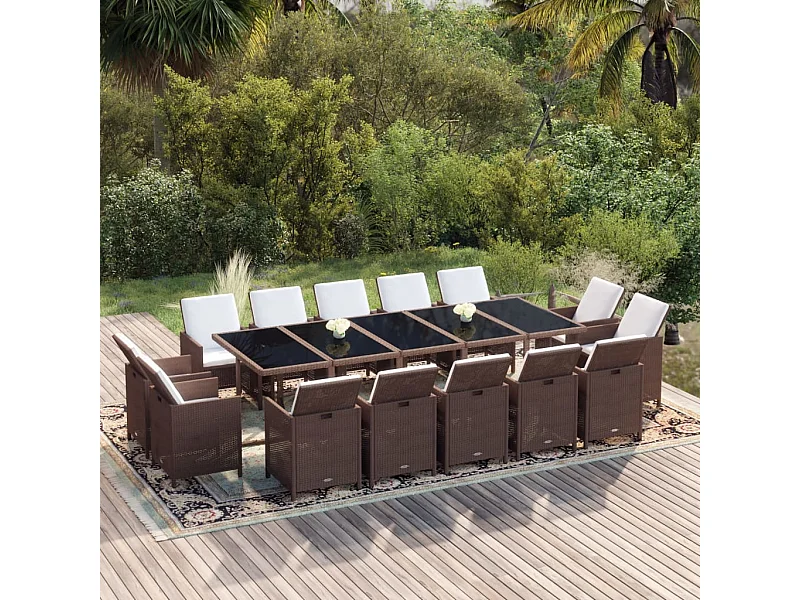 Ensemble à dîner de jardin coussins 15 pièces Résine tressée Marron