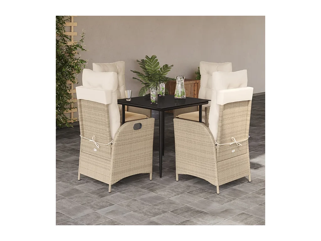 Ensemble à manger de jardin avec coussins 5 pièces Beige poly rotin