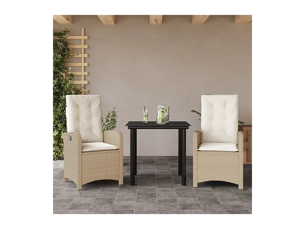 Ensemble à manger de jardin et coussins 3 pièces Beige poly rotin