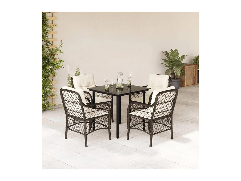 Ensemble à manger de jardin 5 pièces et coussins marron poly rotin
