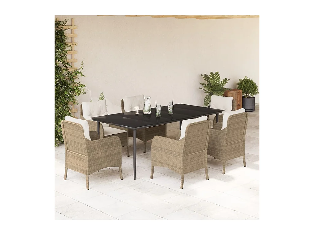 7 peças conjunto de jantar p/ jardim com almofadões vime PE bege