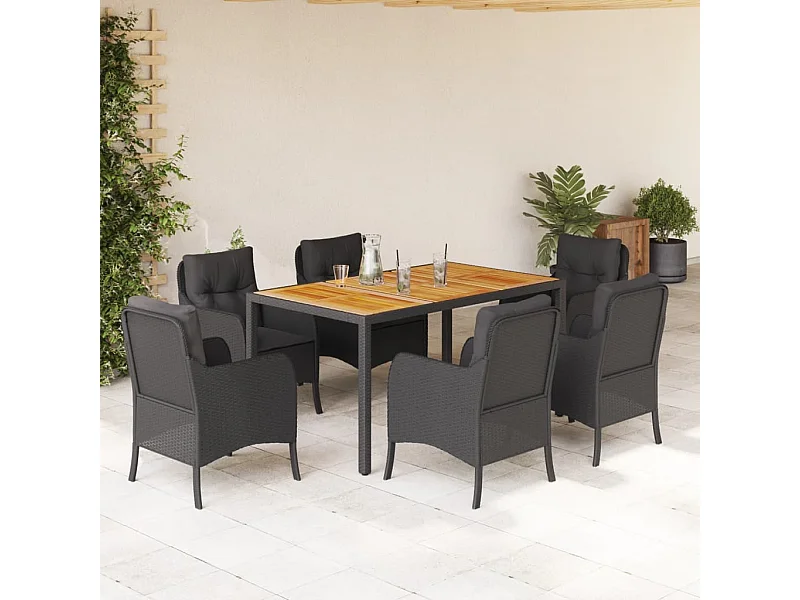 Ensemble à manger de jardin coussins 7 pièces Noir Résine tressée