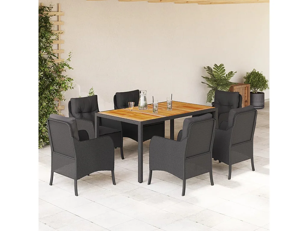 7 peças conjunto de jantar p/ jardim c/ almofadões vime PE preto