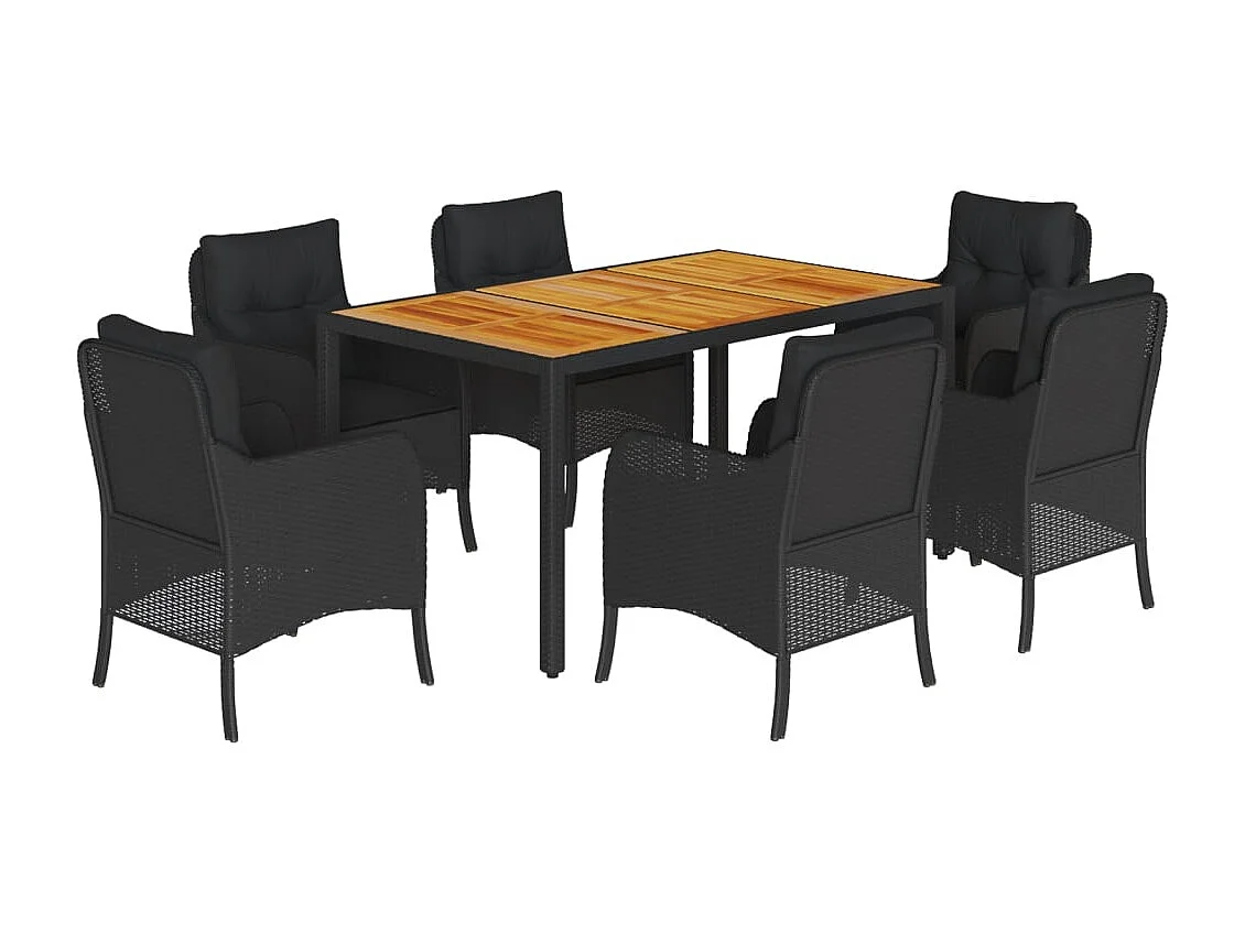 7 peças conjunto de jantar p/ jardim c/ almofadões vime PE preto