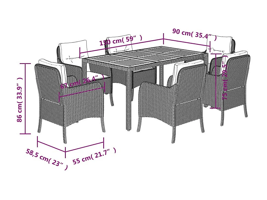 7 peças conjunto de jantar p/ jardim c/ almofadões vime PE preto