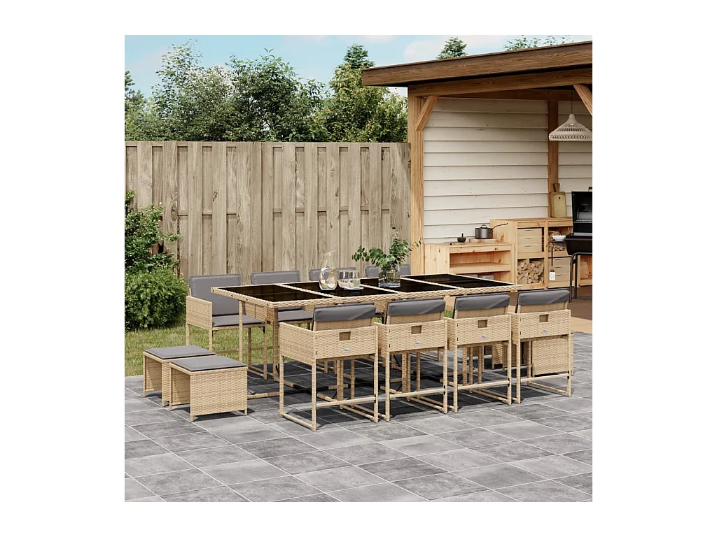 Ensemble à manger de jardin coussins 13 pièces mélange beige rotin