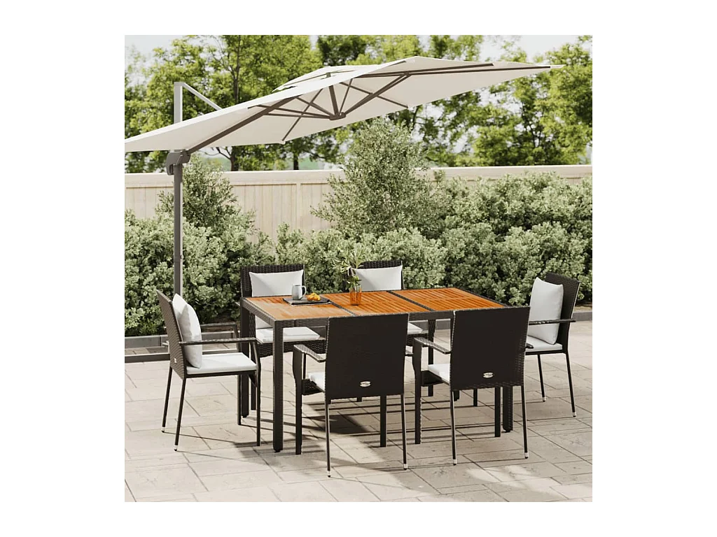 Set de comedor de jardín 7 piezas y cojines ratán sintético negro