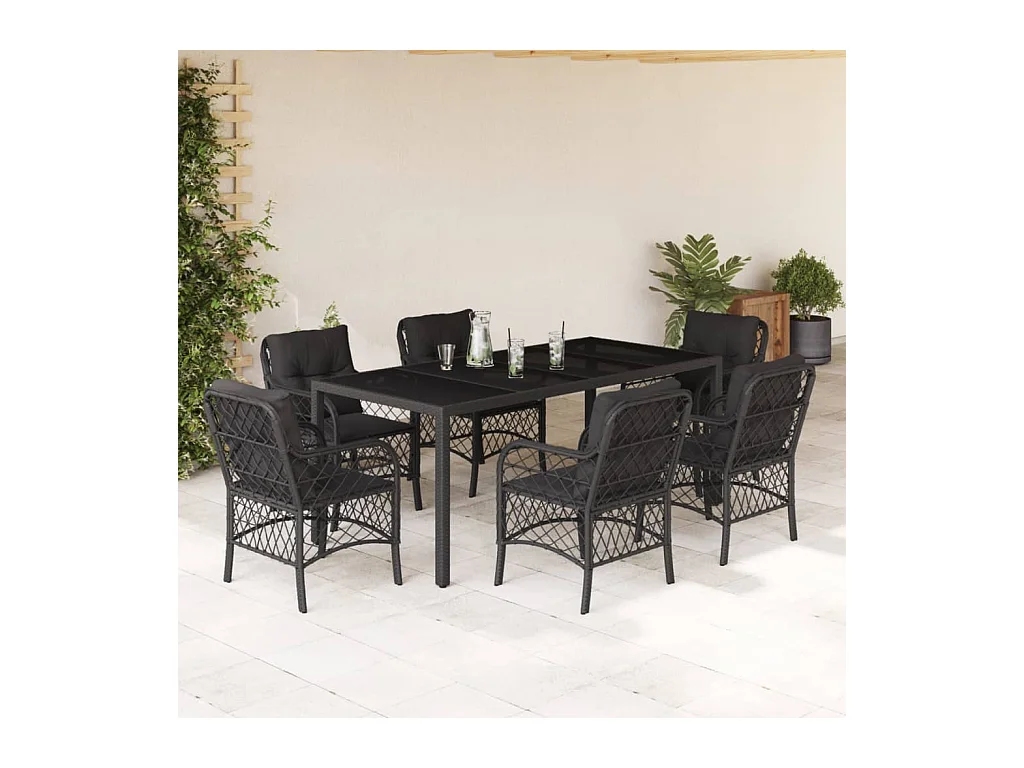 Ensemble à manger de jardin coussins 7 pièces Noir Résine tressée