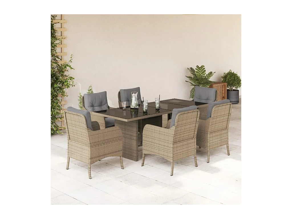 Set comedor de jardín 7 piezas con cojines ratán sintético beige