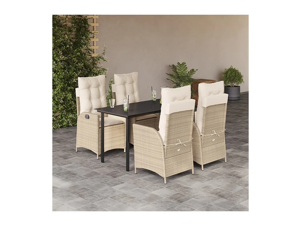 Ensemble à manger de jardin avec coussins 5 pièces Beige poly rotin