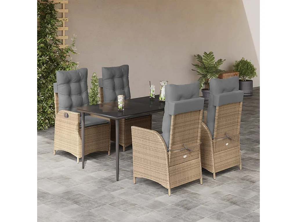 Set comedor de jardín 5 piezas con cojines ratán sintético beige