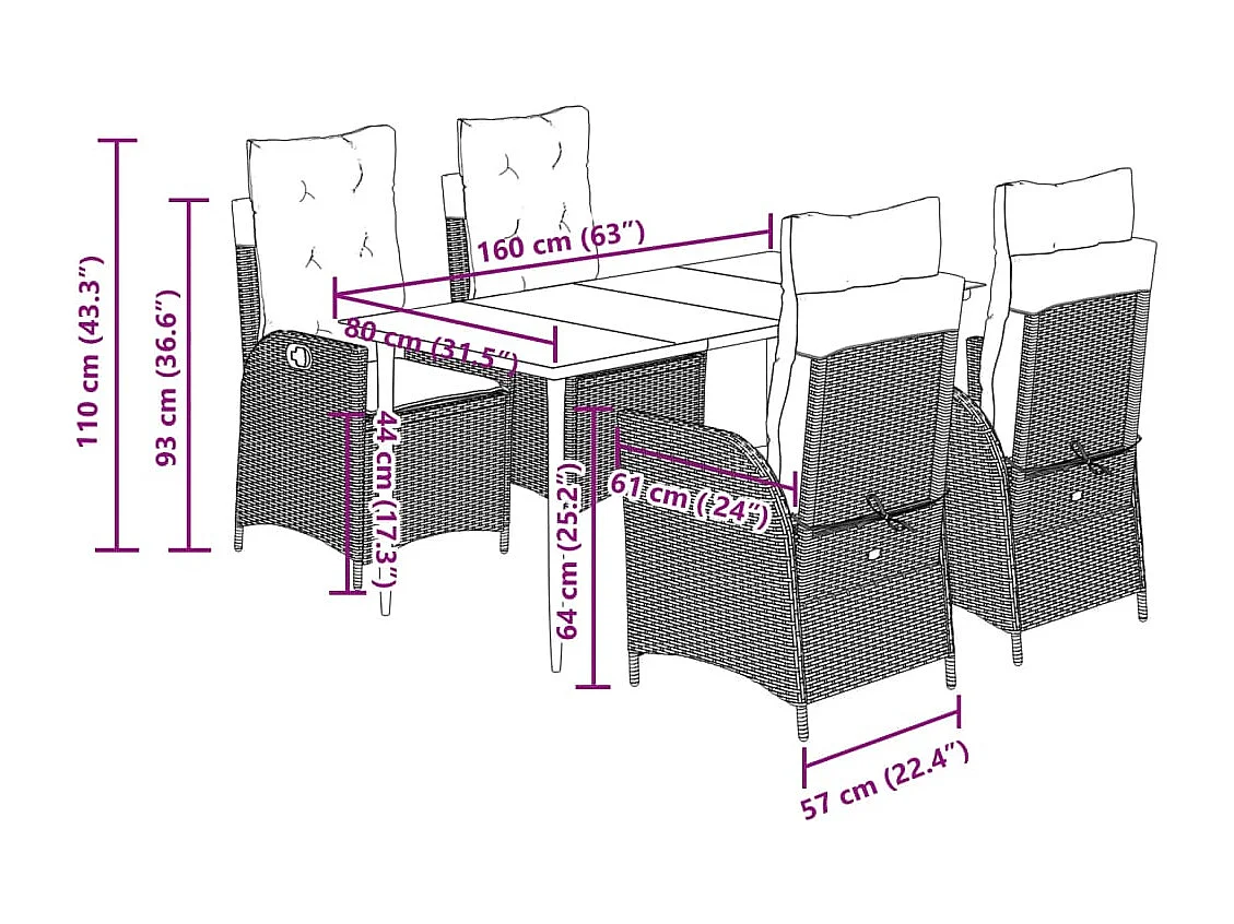 Set comedor de jardín 5 piezas con cojines ratán sintético beige