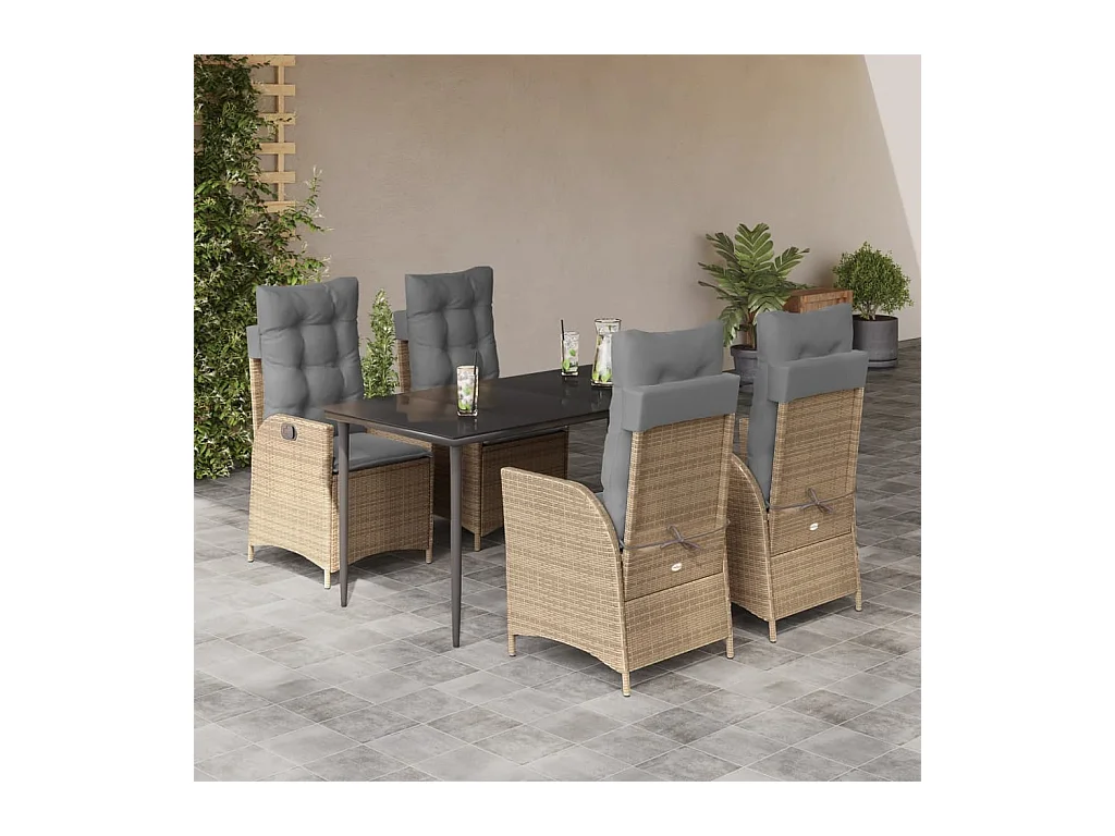 Ensemble à manger de jardin avec coussins 5 pièces Beige poly rotin