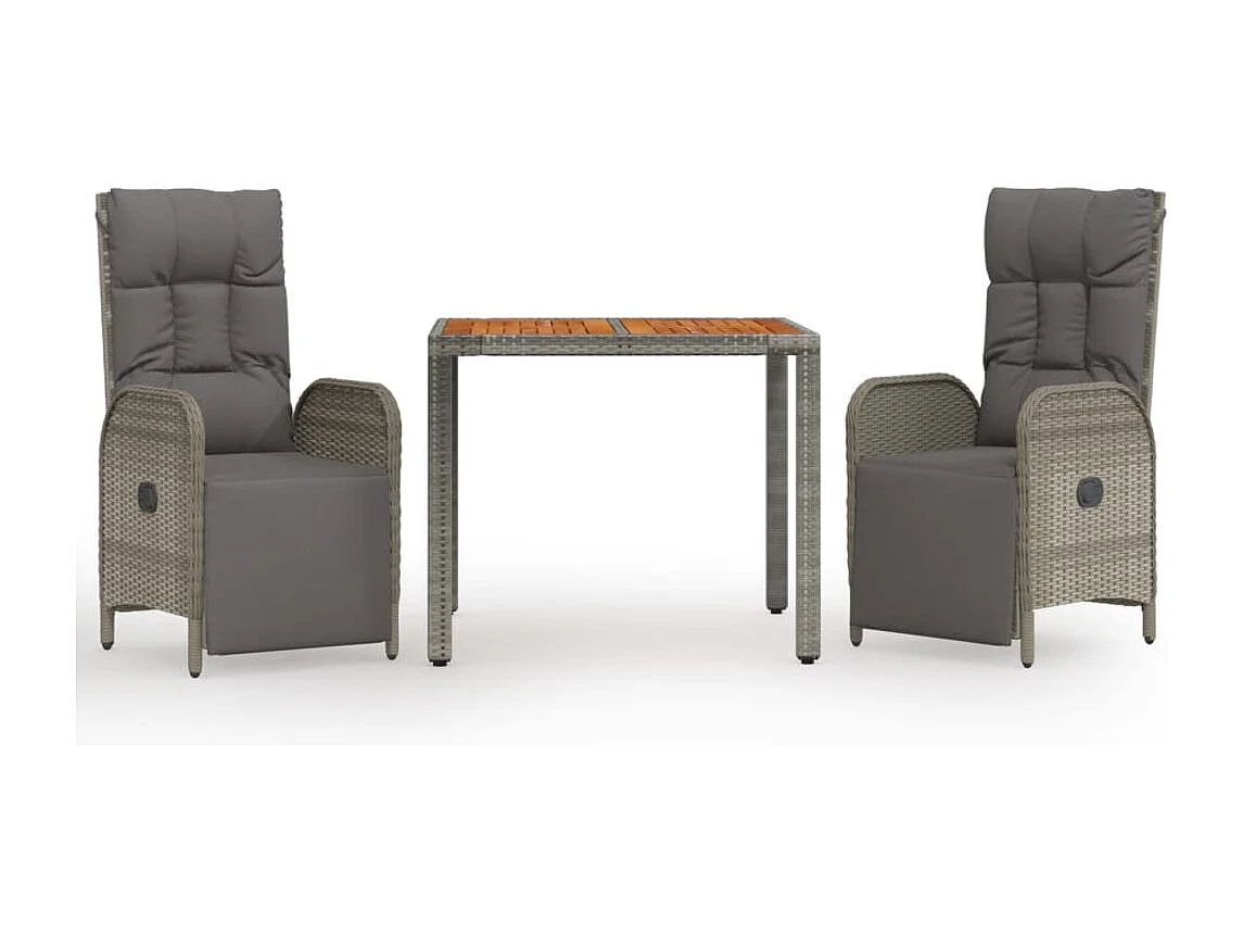 3 peças conjunto de jantar p/ jardim c/ almofadões vime PE cinza